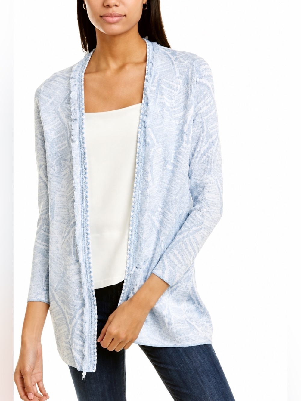 J. McLaughlin Light Blue‎ & White Fringe Trim Long Sleeve Long Line Cardigan